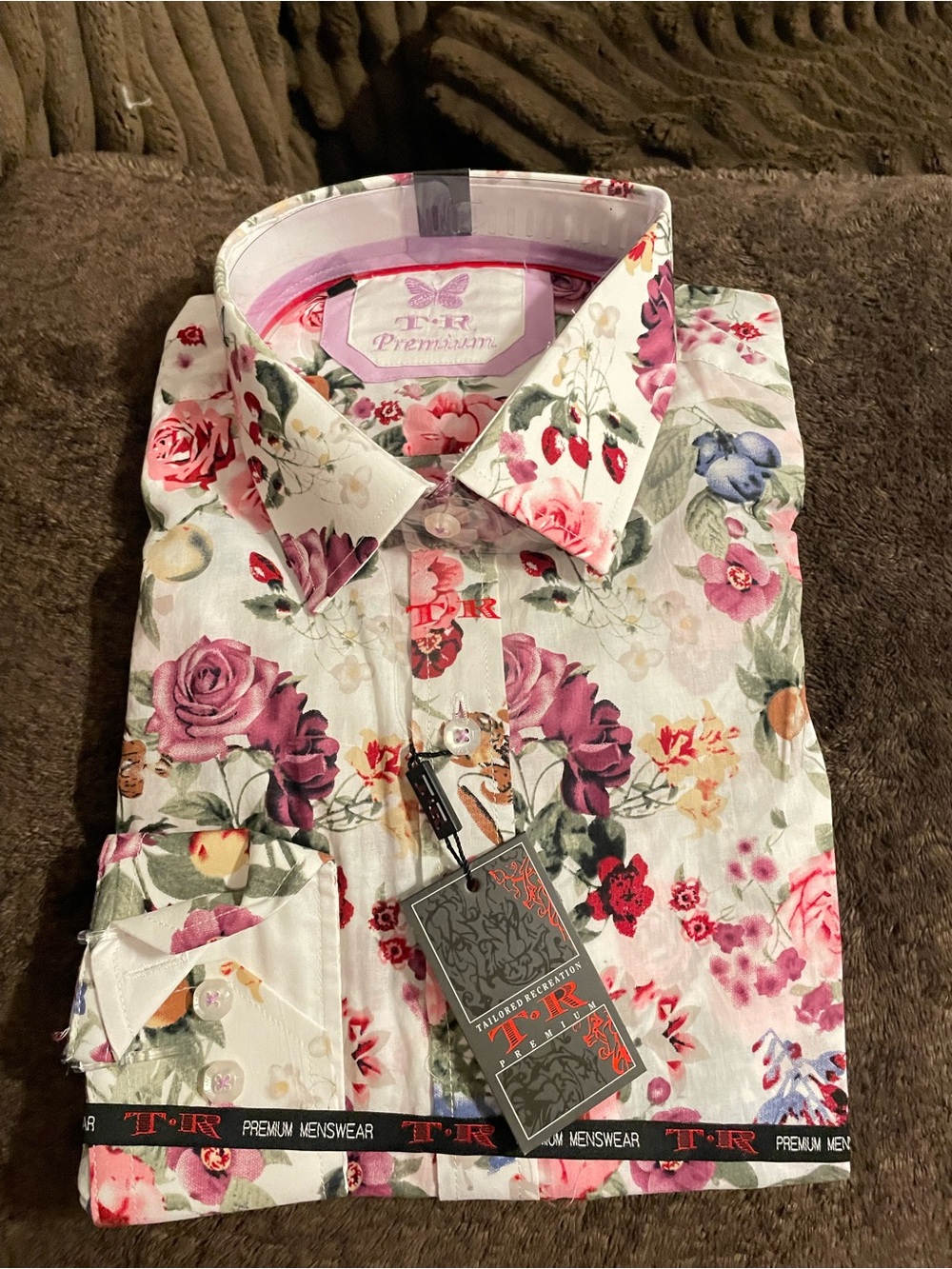 T-R Premium Floral Button-Down Shirt - White with Pink & Green Floral